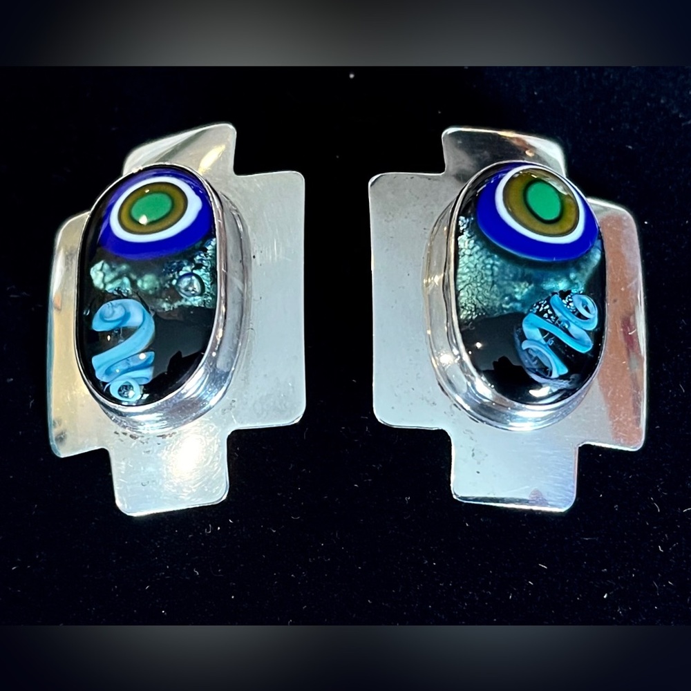 Vintage 80’s Studio Art Glass and Silver Artist Signed Clip Back Earrings